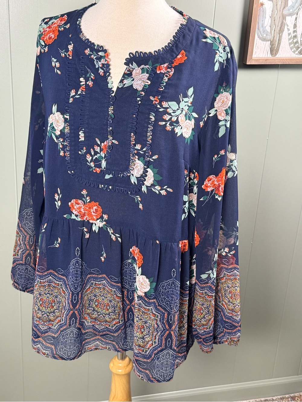 Daniel Rainn Navy Floral Peasant Tunic with Pink & Orange Blooms size L